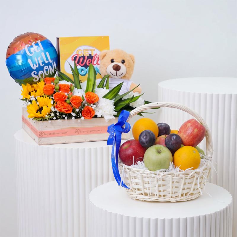 Get Well Soon Sunflower and Fruit Hamper - Gift Sets gift from Buy Any Flowers Dubai in Al Quoz Industrial Area 4, Dubai, UAE