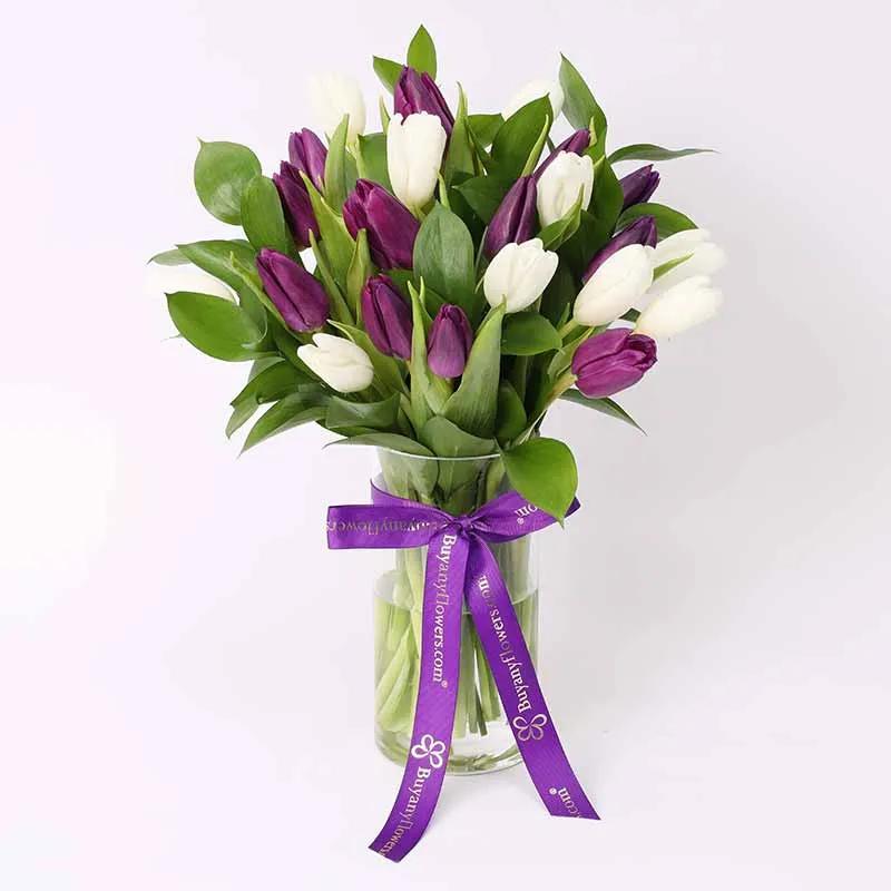 Dark and White Beauty 19 Tulips with Deluxe Patchi Chocolates thumbnail 2
