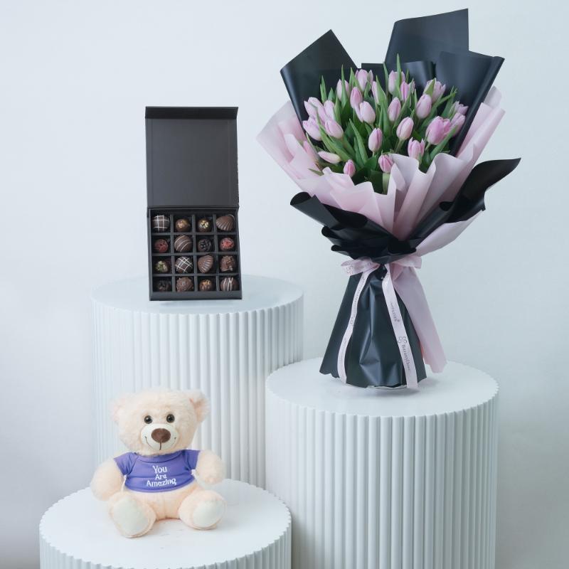 Dark Beauty 25 Tulips Bouquet With Trio - Gift Sets gift from Buy Any Flowers Dubai in Al Quoz Industrial Area 4, Dubai, UAE