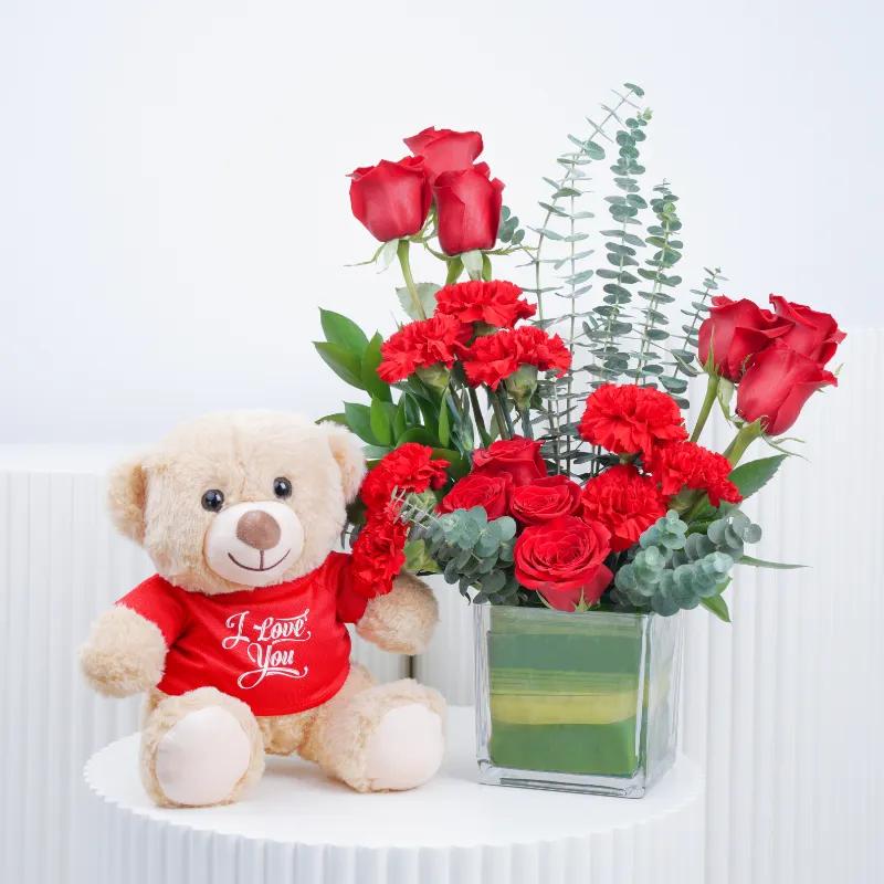 Eternal Red Roses and Carnations in Vase with Teddy - Gift Sets gift from Buy Any Flowers Dubai in Al Quoz Industrial Area 4, Dubai, UAE