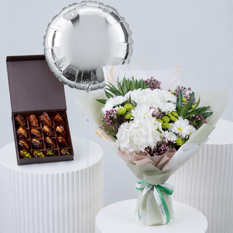 Premium White Flower with Dates and Balloon - Gift Sets gift from Buy Any Flowers Dubai in Al Quoz Industrial Area 4, Dubai, UAE