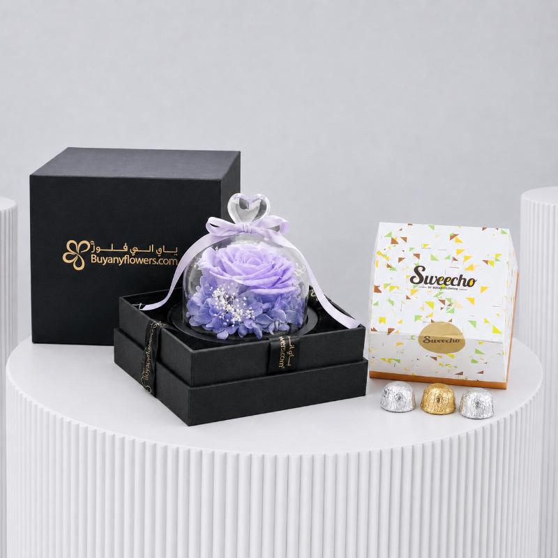 Designer Purple Preserved Rose and Chocolates - Gift Sets gift from Buy Any Flowers Dubai in Al Quoz Industrial Area 4, Dubai, UAE