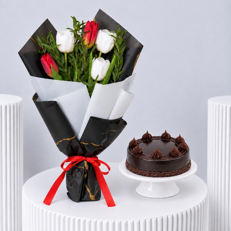Tulip Grace Bouquet With Cake - Gift Sets gift from Buy Any Flowers Dubai in Al Quoz Industrial Area 4, Dubai, UAE
