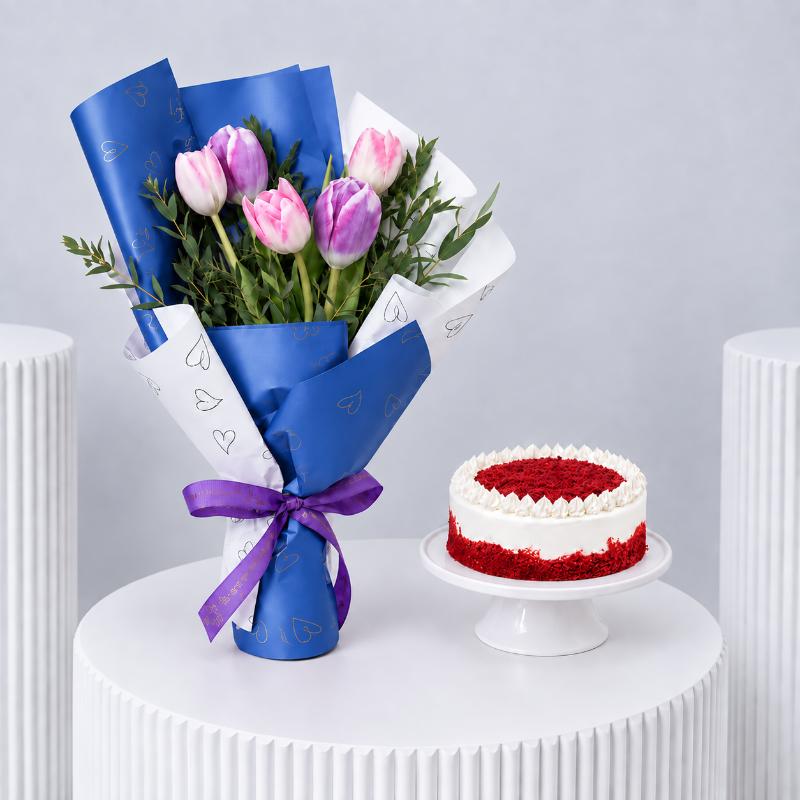 Red and White Tulip With Cake - Gift Sets gift from Buy Any Flowers Dubai in Al Quoz Industrial Area 4, Dubai, UAE
