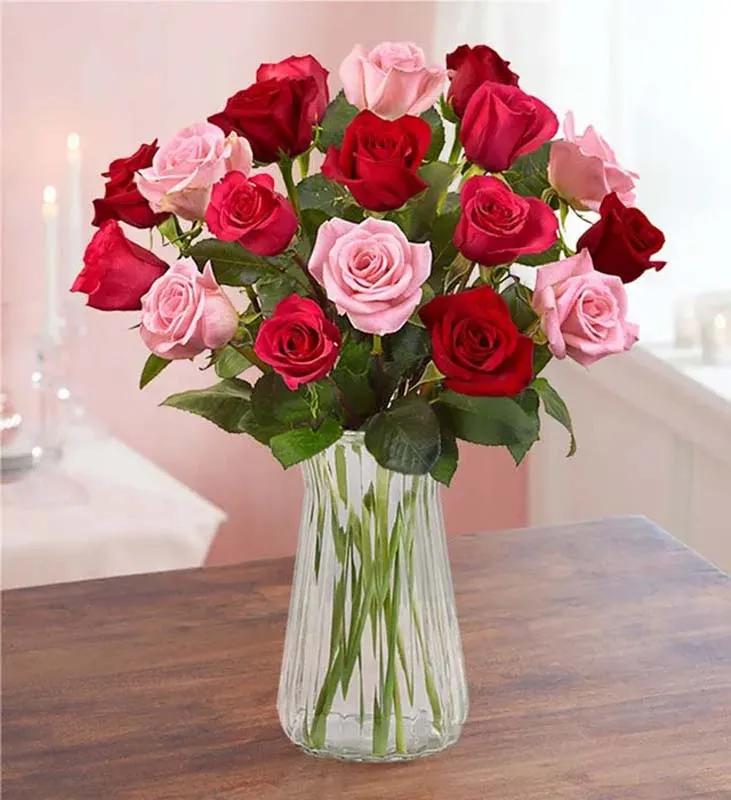Red and Pink Roses in Glass Vase thumbnail 1