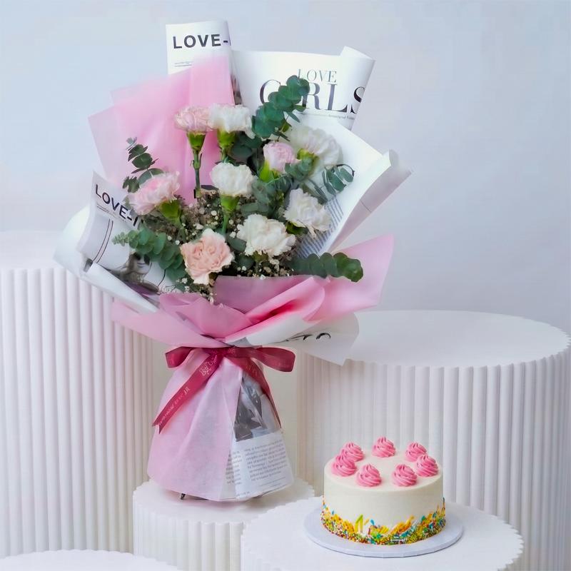 Candy 9 Carnations and Cake with Balloon - Gift Sets gift from Buy Any Flowers Dubai in Al Quoz Industrial Area 4, Dubai, UAE
