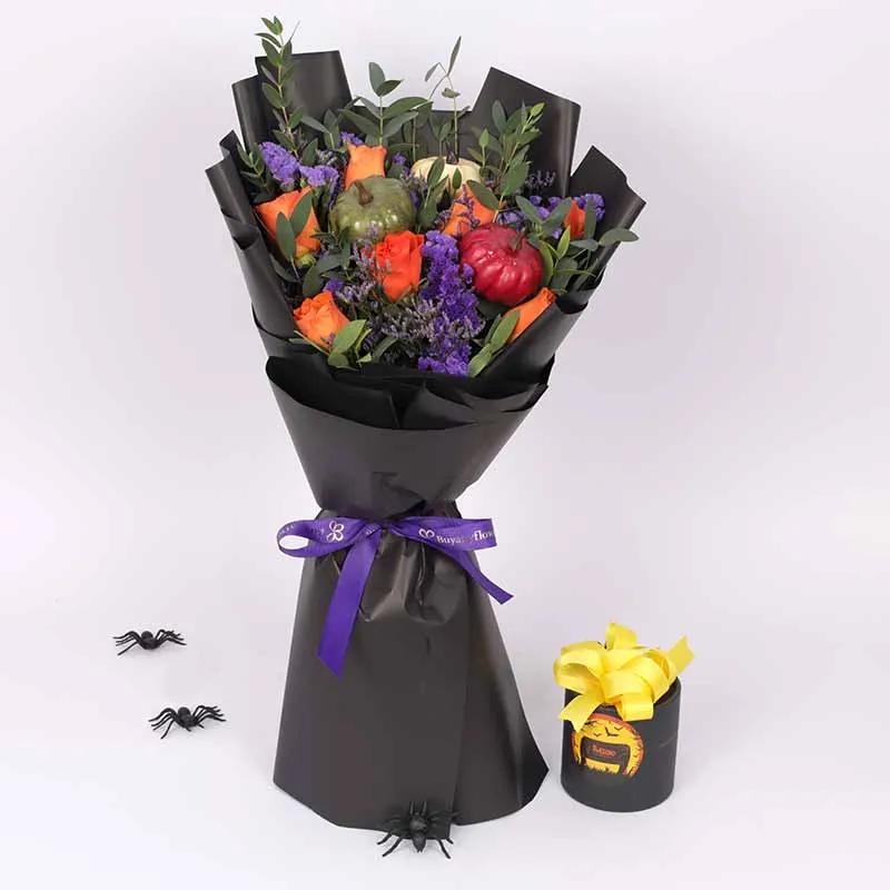 Halloween 7 Orange Roses Bouquet and Chocolates