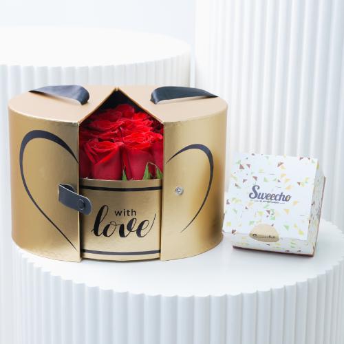 Golden Memories Red Roses Love Box and Chocolates - Flowers gift from Buy Any Flowers Dubai in Al Quoz Industrial Area 4, Dubai, UAE