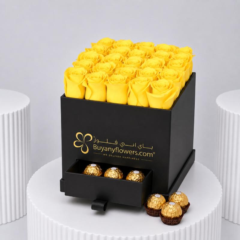 Black Box of Love 25 Yellow Roses - Flowers gift from Buy Any Flowers Dubai in Al Quoz Industrial Area 4, Dubai, UAE