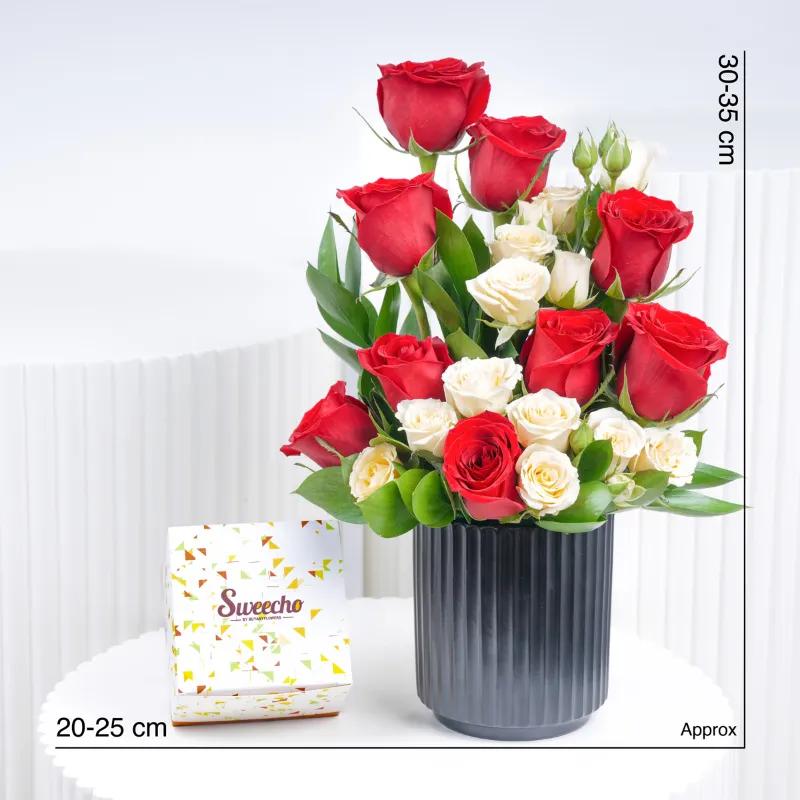 Beauty 11 Red and Peach Roses Arrangement With Choclate - Gift Sets gift from Buy Any Flowers Dubai in Al Quoz Industrial Area 4, Dubai, UAE - image 3