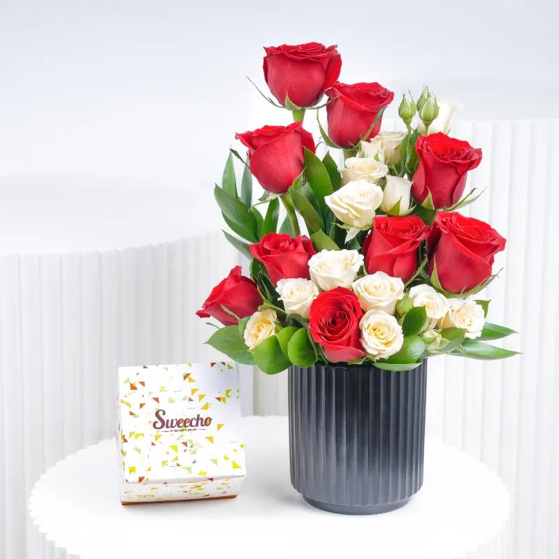 Beauty 11 Red and Peach Roses Arrangement With Choclate - Gift Sets gift from Buy Any Flowers Dubai in Al Quoz Industrial Area 4, Dubai, UAE