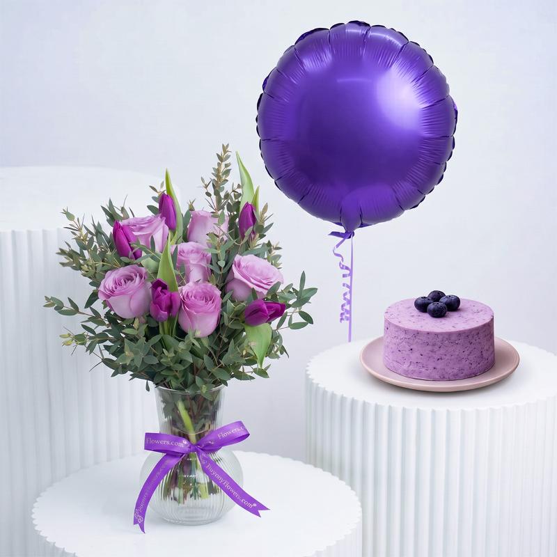 Mauve Flowers with Cake and Balloon - Gift Sets gift from Buy Any Flowers Dubai in Al Quoz Industrial Area 4, Dubai, UAE