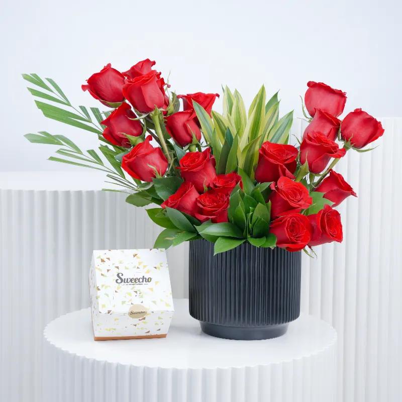 Royal 21 Red Roses Arrangement with Chocolates - Gift Sets gift from Buy Any Flowers Dubai in Al Quoz Industrial Area 4, Dubai, UAE