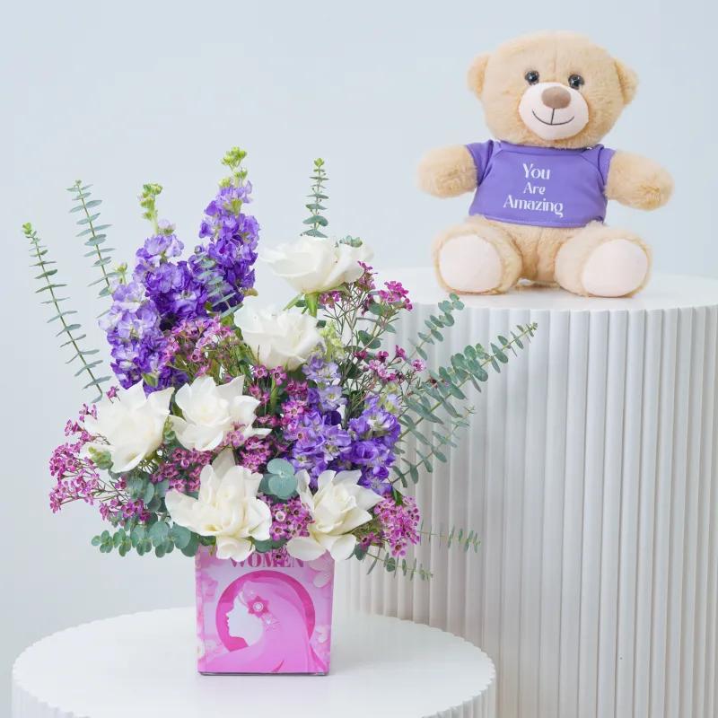 Lavender Grace Glass Vase With Teddy in Dubai