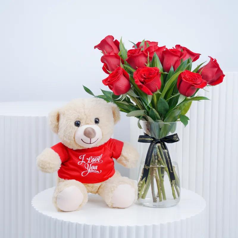 Beauty 11 Red Roses Vase With Teddy in Dubai