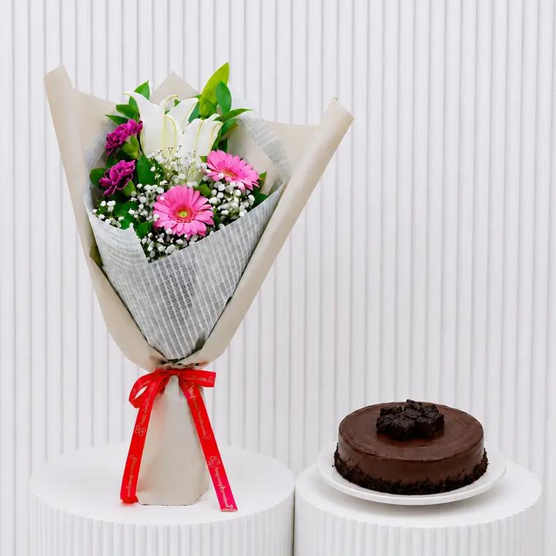 Blush Bloom and Brownie Cake - Gift Sets gift from Buy Any Flowers Dubai in Al Quoz Industrial Area 4, Dubai, UAE