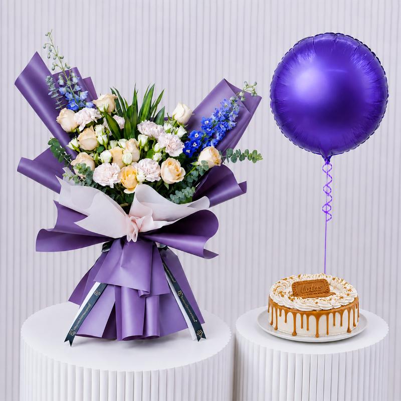 Peach Flower with Cake and Balloon - Gift Sets gift from Buy Any Flowers Dubai in Al Quoz Industrial Area 4, Dubai, UAE