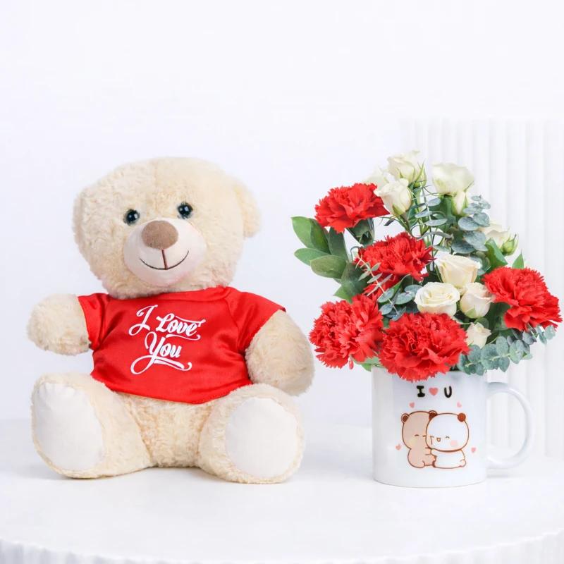 Thought 7 Carnation and Roses in Mug With Teddy - Gift Sets gift from Buy Any Flowers Dubai in Al Quoz Industrial Area 4, Dubai, UAE
