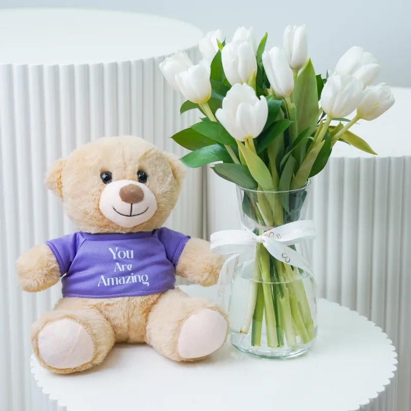 Calm 11 White Tulips With Teddy - Gift Sets gift from Buy Any Flowers Dubai in Al Quoz Industrial Area 4, Dubai, UAE