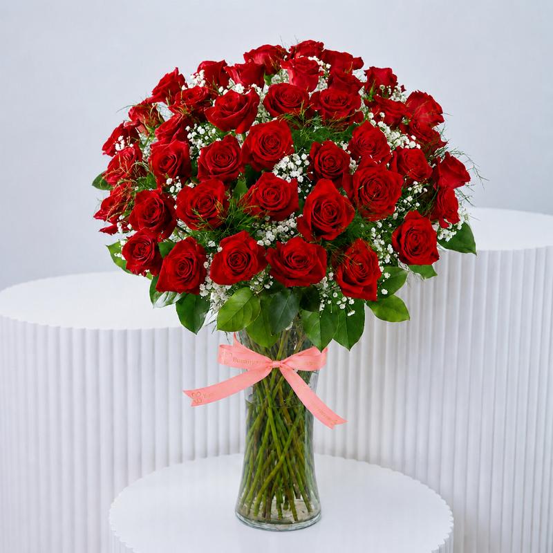 Elegant 50 Red Roses In Vase - Flowers gift from Buy Any Flowers Dubai in Al Quoz Industrial Area 4, Dubai, UAE