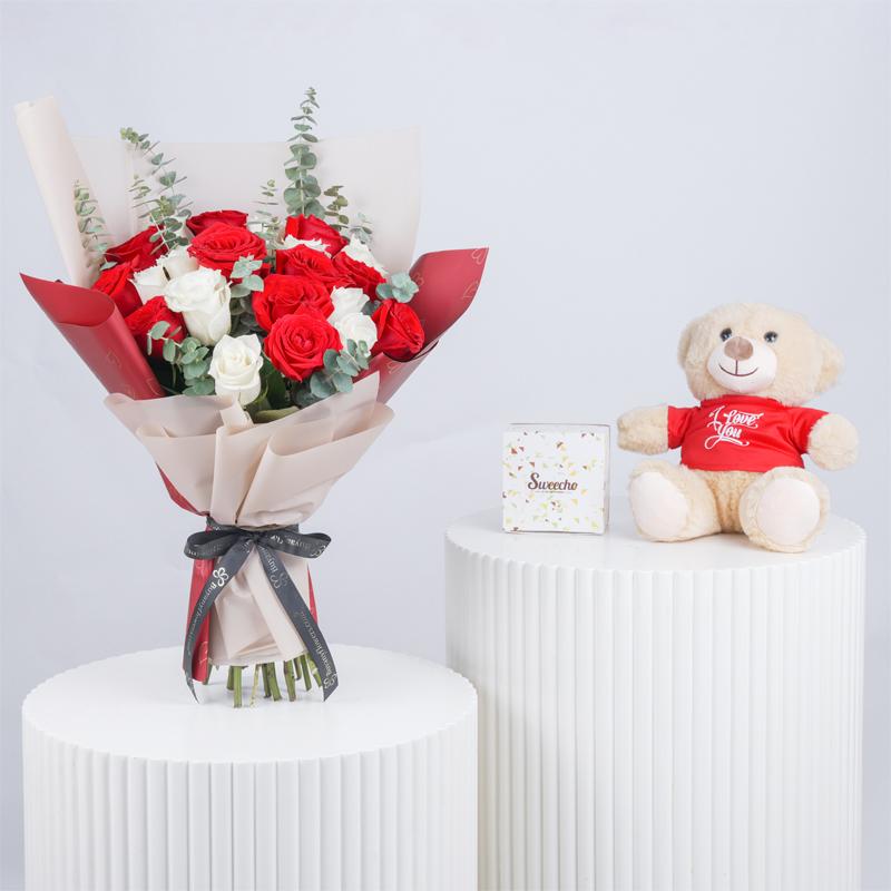 Beauty in Red and White 21 Roses Bouquet Trio in Dubai