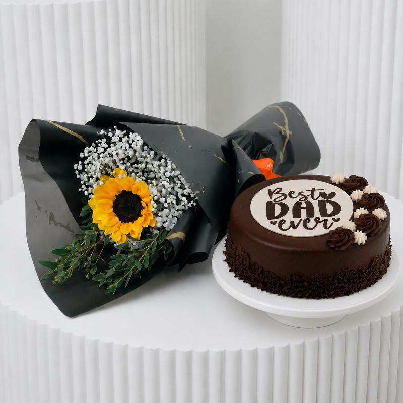 Sunflower and Best Dad Cake Duo - Gift Sets gift from Buy Any Flowers Dubai in Al Quoz Industrial Area 4, Dubai, UAE