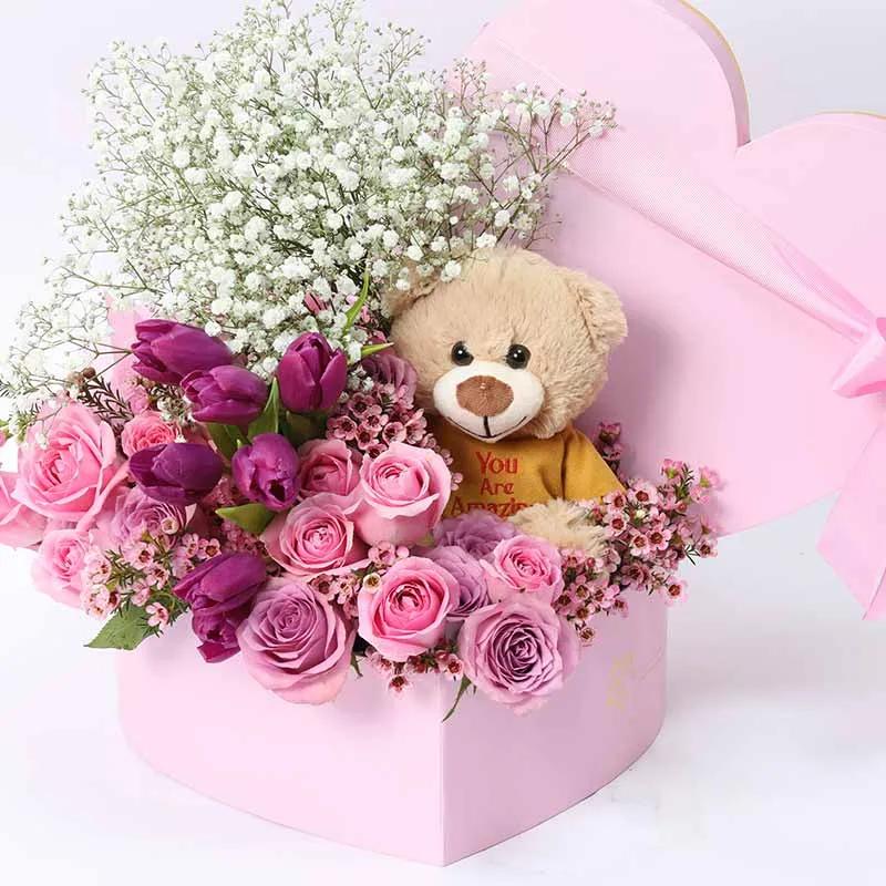 Soft Heart Flower Box and Teddy - Flowers gift from Buy Any Flowers Dubai in Al Quoz Industrial Area 4, Dubai, UAE - image 2