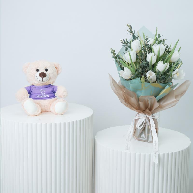 White Beauty 11 Tulips Bouquet With Teddy - Gift Sets gift from Buy Any Flowers Dubai in Al Quoz Industrial Area 4, Dubai, UAE