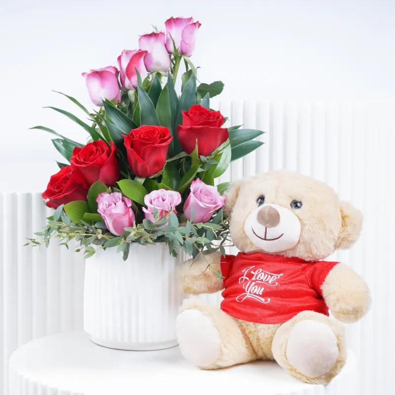 Beauty 11 Red and Purple Roses With Teddy in Dubai