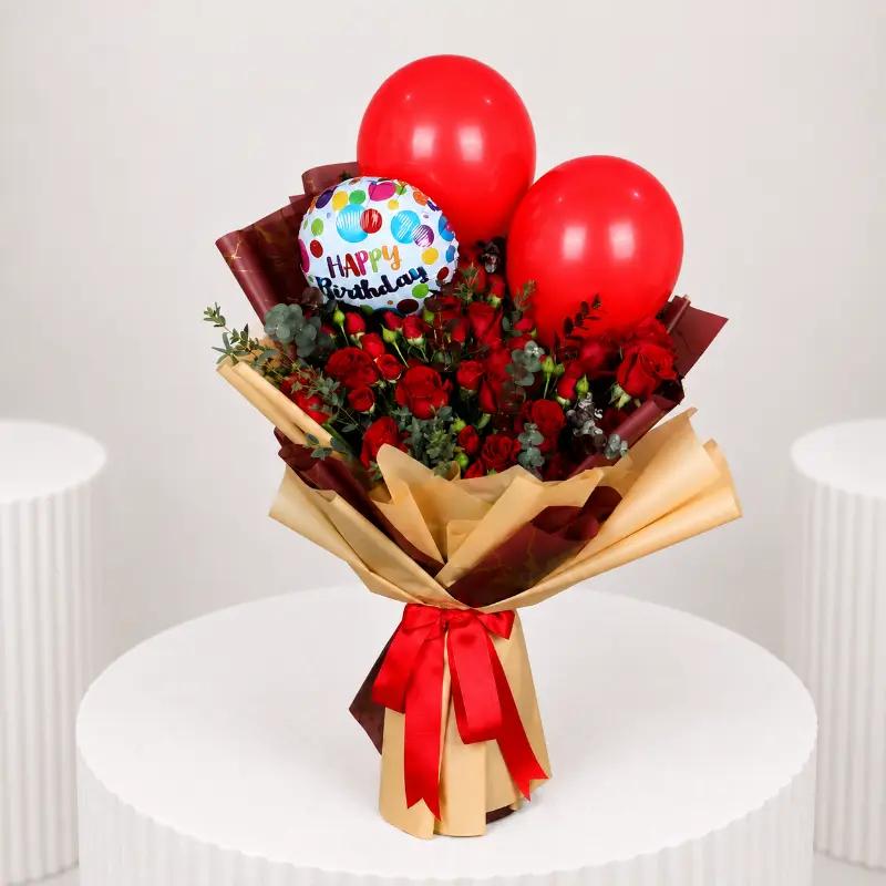 Ruby Red Roses and Birthday Balloons Bouquet in Dubai