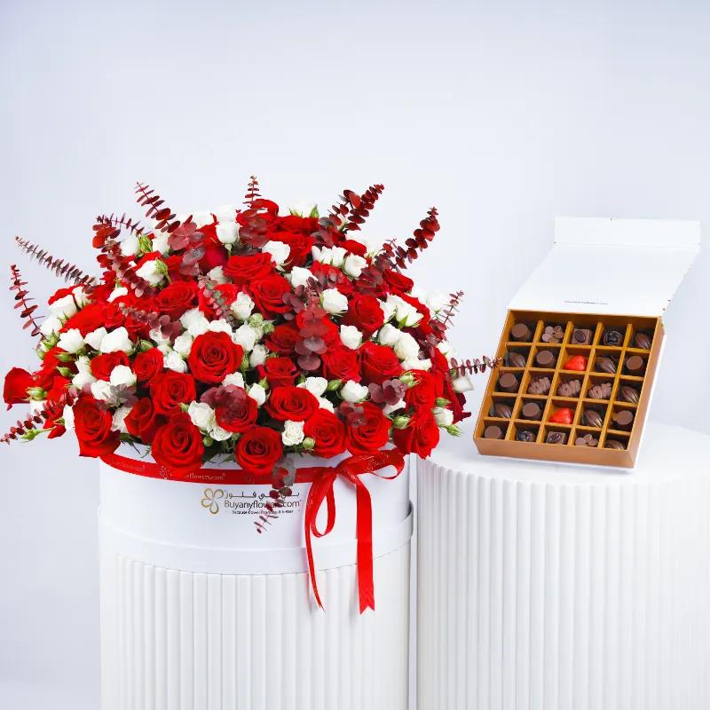 Grand Romance 151 Roses in Box and Chocolates - Gift Sets gift from Buy Any Flowers Dubai in Al Quoz Industrial Area 4, Dubai, UAE