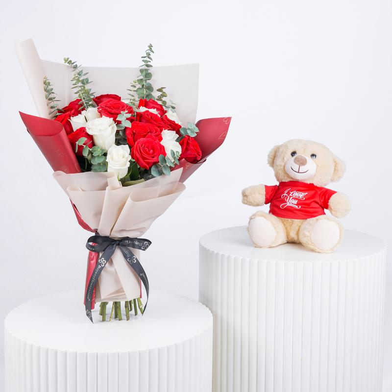 Beauty in Red and White 21 Roses Bouquet with Teddy - Gift Sets gift from Buy Any Flowers Dubai in Al Quoz Industrial Area 4, Dubai, UAE
