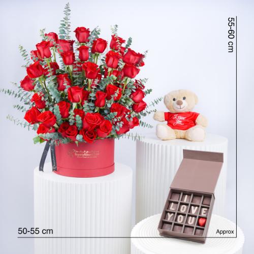 Scarlet Grandeur 51 Red Roses Signature Box Trio - Gift Sets gift from Buy Any Flowers Dubai in Al Quoz Industrial Area 4, Dubai, UAE - image 4