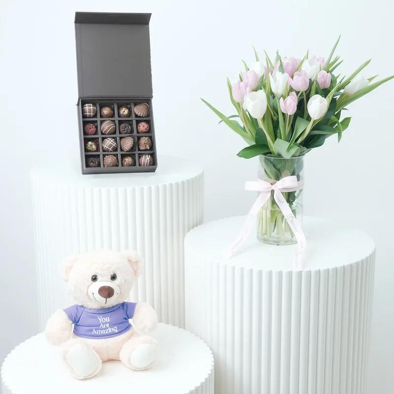 Calm and Beauty 21 Tulips Trio - Gift Sets gift from Buy Any Flowers Dubai in Al Quoz Industrial Area 4, Dubai, UAE