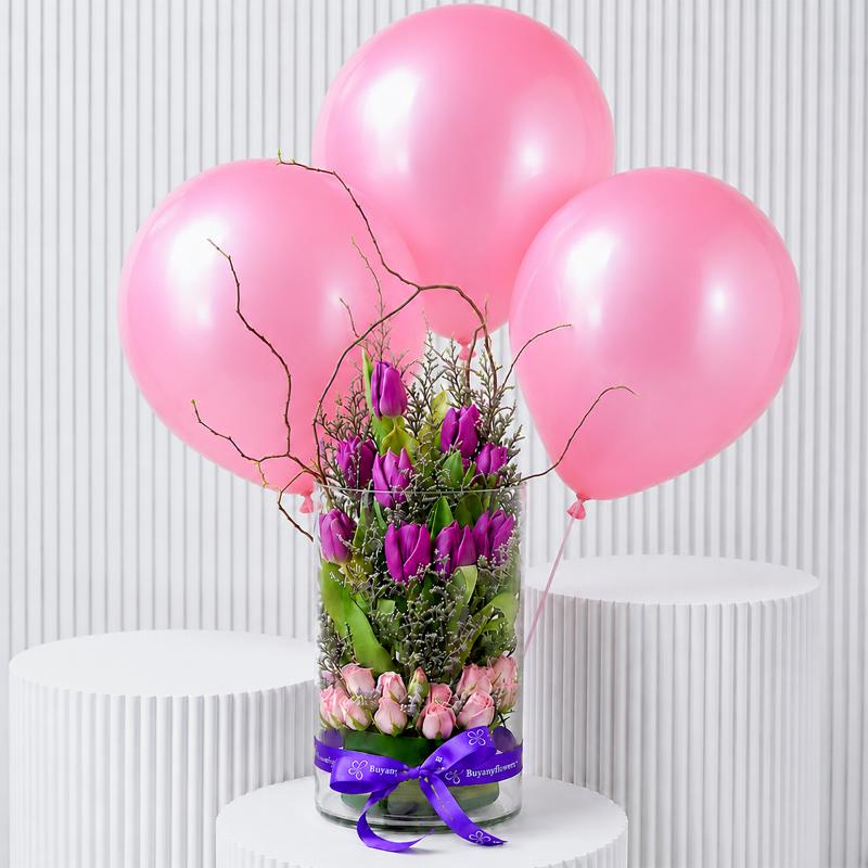 Purple and Pink Elegance with Balloon - Gift Sets gift from Buy Any Flowers Dubai in Al Quoz Industrial Area 4, Dubai, UAE