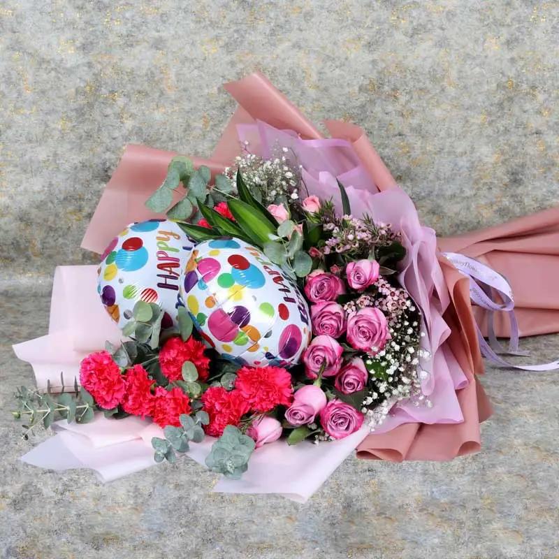 Mauve Flowers and Birthday Balloons Bouquet thumbnail 4