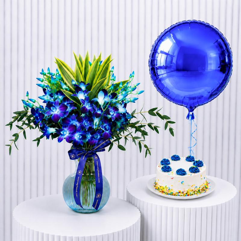 Blue Orchids with Cake and Balloon in Dubai
