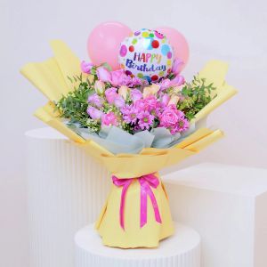 Pastel Flowers and Birthday Balloons Bouquet 1