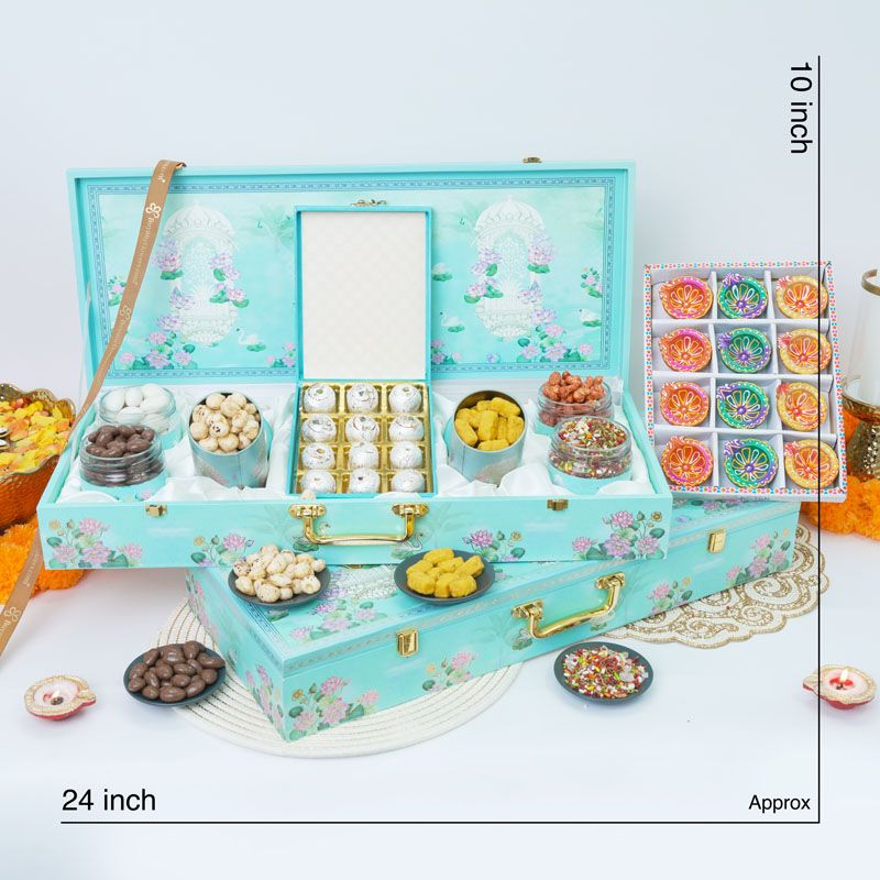 Royal Festive Gift Box with Dry Fruits, Mithai & Diyas – Elegant Blue Hamper thumbnail 4
