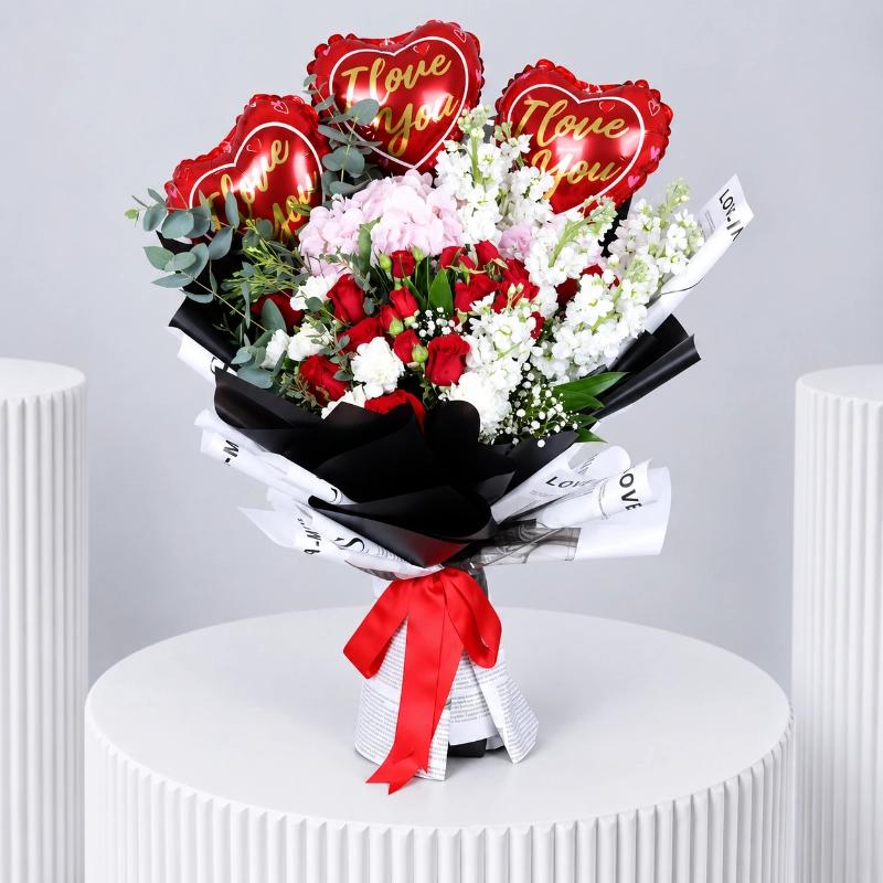 Romantic Flowers and I Love You Balloons Bouquet - Balloons gift from Buy Any Flowers Dubai in Al Quoz Industrial Area 4, Dubai, UAE