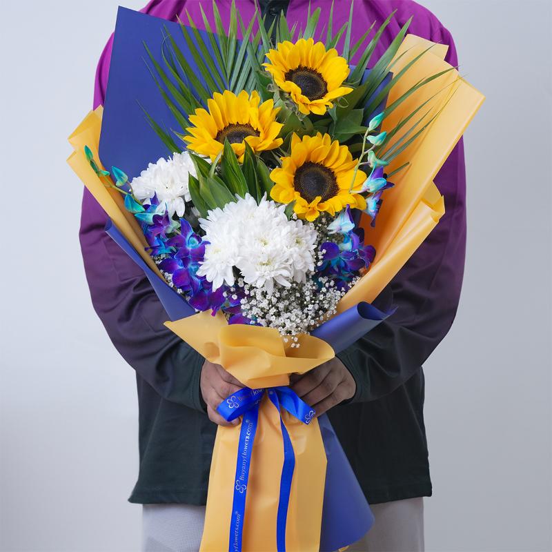 Sunny Sunflower and Orchid Bouquet - Flowers gift from Buy Any Flowers Dubai in Al Quoz Industrial Area 4, Dubai, UAE - image 3
