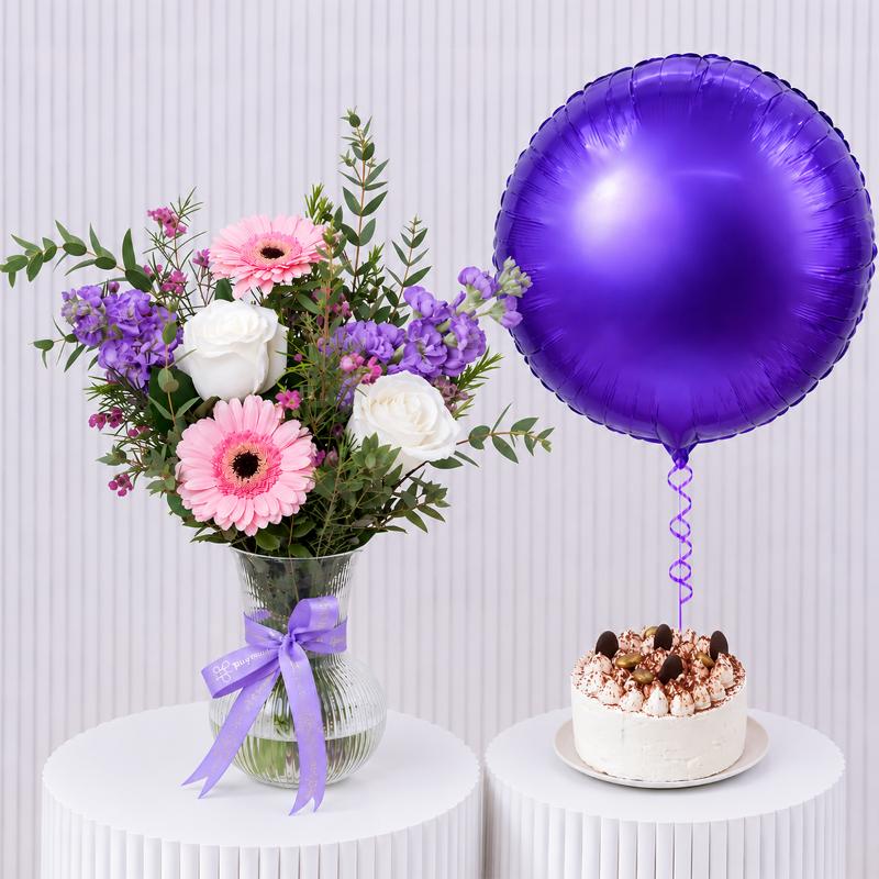 Soft Purple Flowers with Cake and Balloon - Gift Sets gift from Buy Any Flowers Dubai in Al Quoz Industrial Area 4, Dubai, UAE