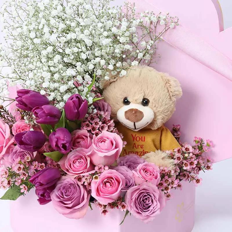 Soft Heart Flower Box and Teddy - Flowers gift from Buy Any Flowers Dubai in Al Quoz Industrial Area 4, Dubai, UAE - image 3