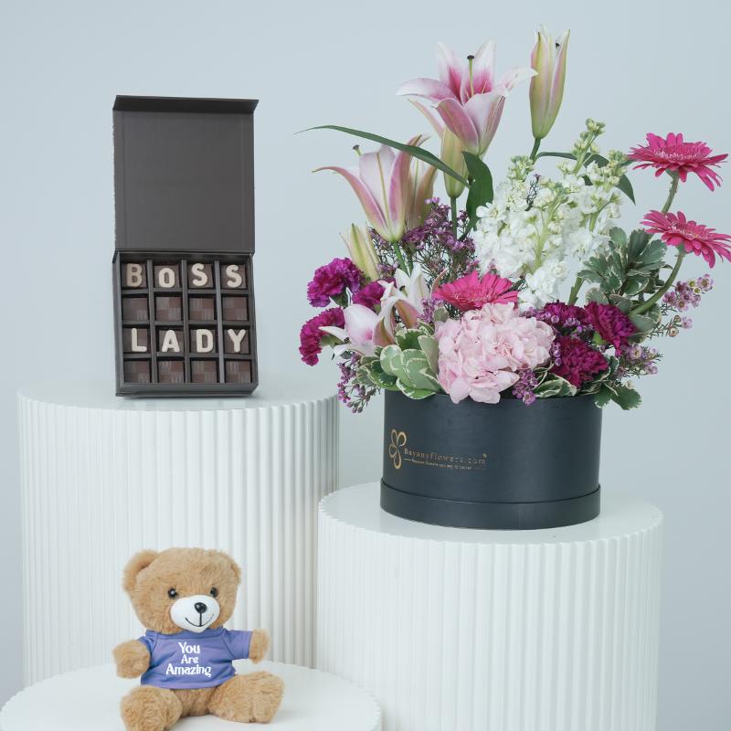 Pink Velvet Bloom Box Trio - Gift Sets gift from Buy Any Flowers Dubai in Al Quoz Industrial Area 4, Dubai, UAE