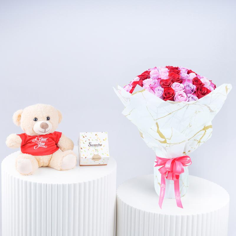 Lady Luck 101 Roses Trio - Gift Sets gift from Buy Any Flowers Dubai in Al Quoz Industrial Area 4, Dubai, UAE
