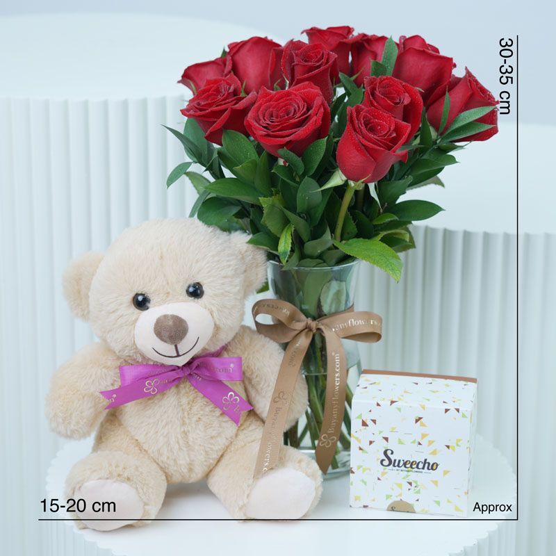 Beauty 11 Red Roses Vase with Teddy and Chocolate thumbnail 4
