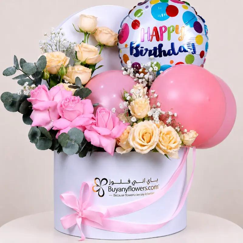 Pastel Birthday Balloon and Flower Box - Balloons gift from Buy Any Flowers Dubai in Al Quoz Industrial Area 4, Dubai, UAE - image 2