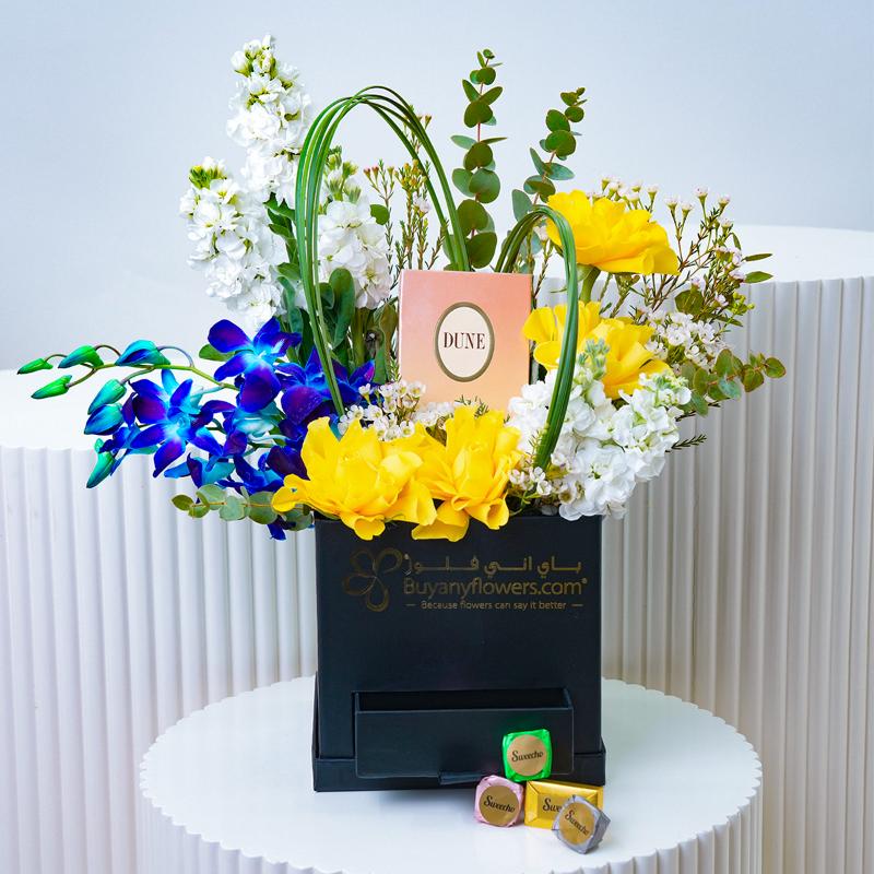 Dior Perfume and Flower Box - Gift Sets gift from Buy Any Flowers Dubai in Al Quoz Industrial Area 4, Dubai, UAE