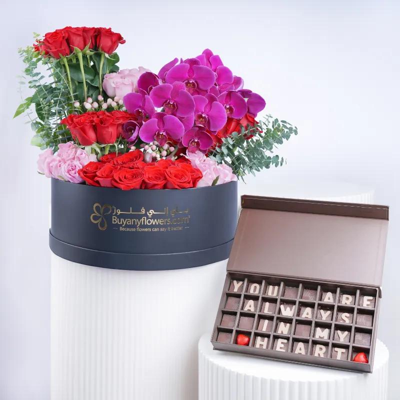 Grand Embrace Floral Box and Chocolates - Gift Sets gift from Buy Any Flowers Dubai in Al Quoz Industrial Area 4, Dubai, UAE