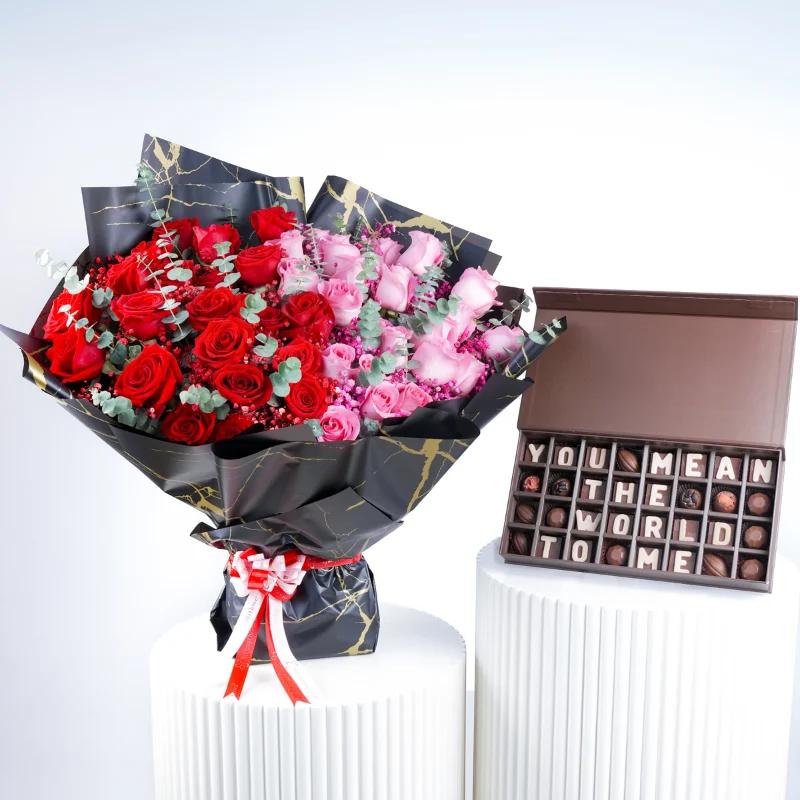 Classic Pink and Red Roses Bouquet With Chocolate in Dubai